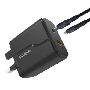 Porodo FWC028 Gan Dual Port 1.2M USB-C to Lightning CablePD 20W Wall Charger - Black