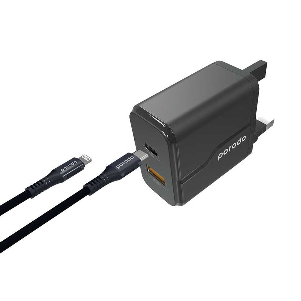 كابل بورودو FWC028 Gan ثنائي المنفذ 1.2 متر USB-C إلى Lightning PD 20 واط شاحن حائط - أسود - الصورة 2