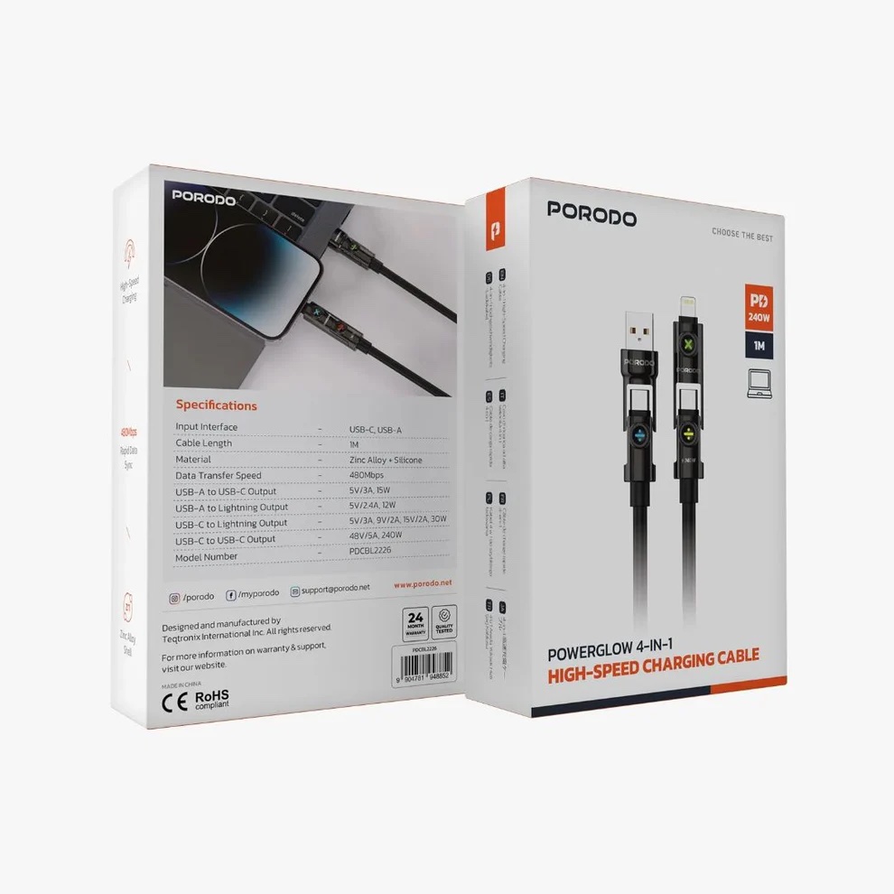 Porodo Powerglow 240W 4-in-1 High-Speed Charging Cable
-Black - Image 2