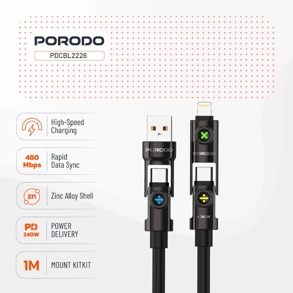 Porodo Powerglow 240W 4-in-1 High-Speed Charging Cable
-Black