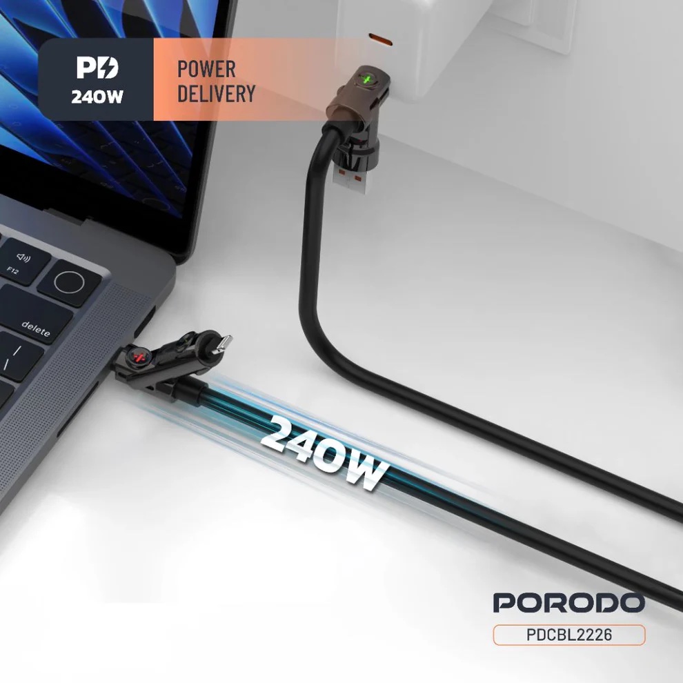 Porodo Powerglow 240W 4-in-1 High-Speed Charging Cable
-Black - Image 3