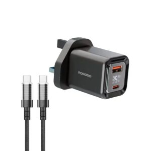 Porodo Dual-Port | Digital Display Quick Charger With C To C-Black