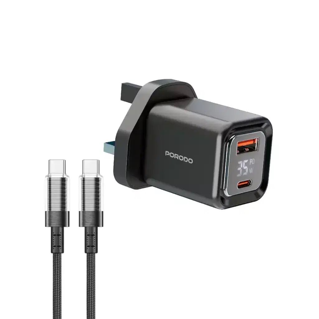 Porodo Dual-Port | Digital Display Quick Charger With C To C
-Black
