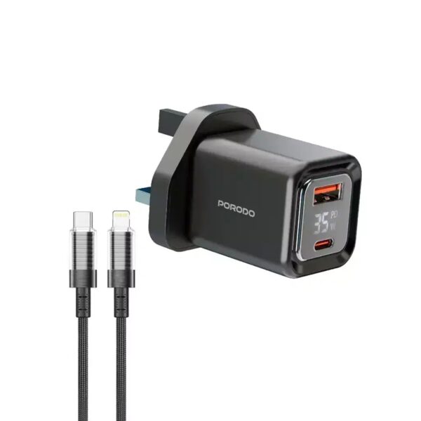 Porodo Dual-Port | Digital Display Quick Charger With C to LCable-Black