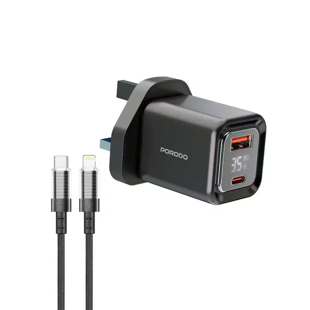 Porodo Dual-Port | Digital Display Quick Charger With C to LCable-Black