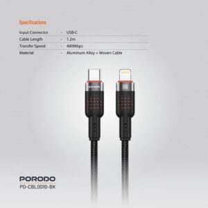 كابل بورودو USB-C إلى لايتنينج مضفر من الألومنيوم بطول 1.2 متر - أسود