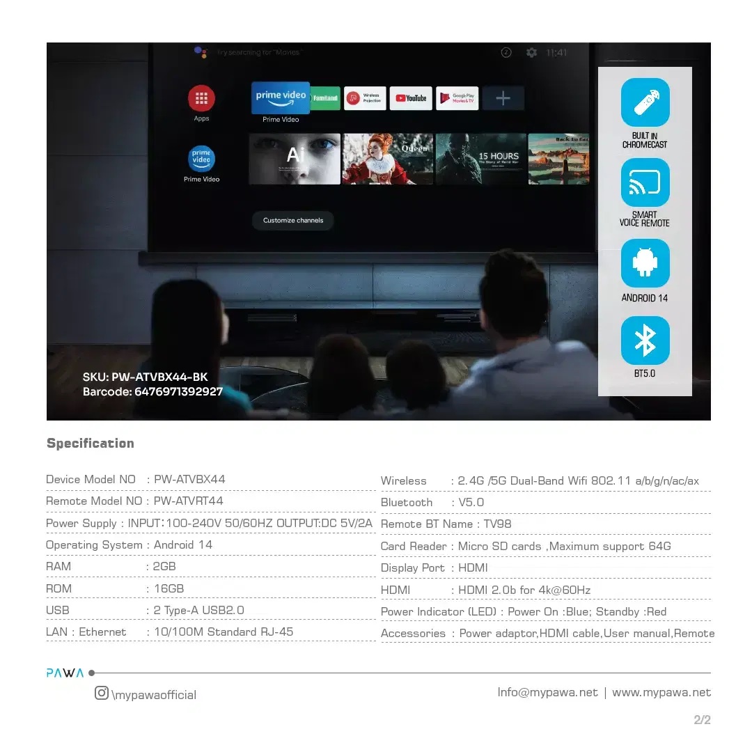 Pawa Android TV Box 4K Ultra HD-Black - الصورة 4