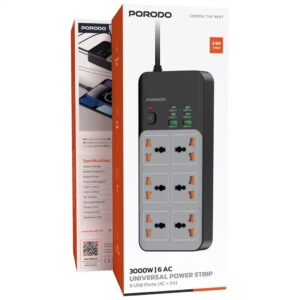 Porodo 3000W | 6AC Universal Power Strip with 6 USB Ports (4C+ 2A) -Gray