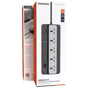 Porodo 3000W | 5AC Universal Power Strip with 9 USB Ports (6C+ 3A)- Black