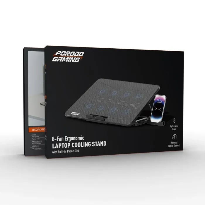حامل تبريد مريح لأجهزة الكمبيوتر المحمول من بورودو للألعاب مزود بـ 8 مراوح وفتحة هاتف مدمجة - أسود - الصورة 3