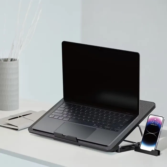 حامل تبريد مريح لأجهزة الكمبيوتر المحمول من بورودو للألعاب مزود بـ 8 مراوح وفتحة هاتف مدمجة - أسود